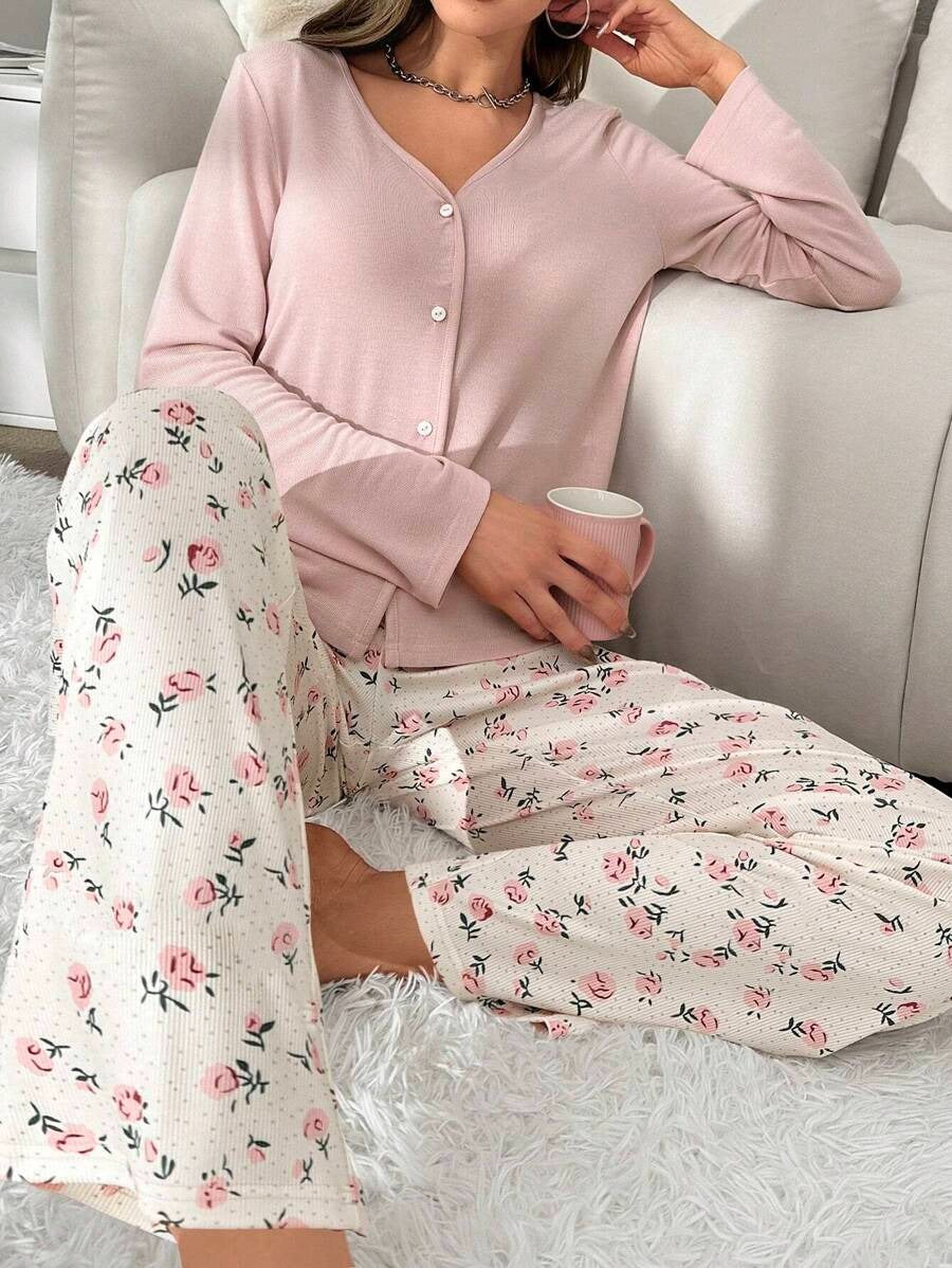 SHEIN  CottageSlumber بيجامة  زهرية ناعمة بلون وردي