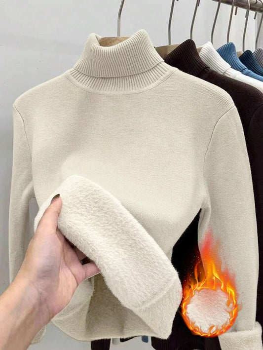 SHEIN كنزة حرارية شتوية ضيقة بياقة عالية بلون بيج