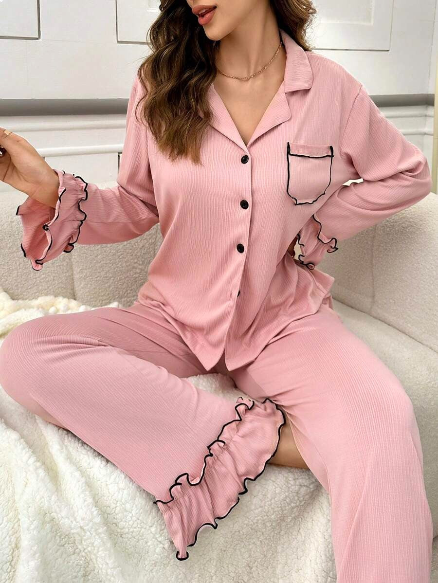 SHEIN بيجامة نسائية من قطعتين بلون وردي
