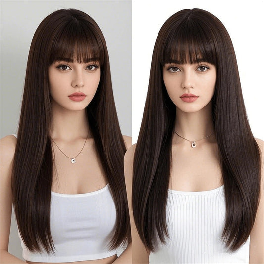SHEIN باروكة شعر مستقيم بني داكن غرة أمامية ولمسة طبيعية