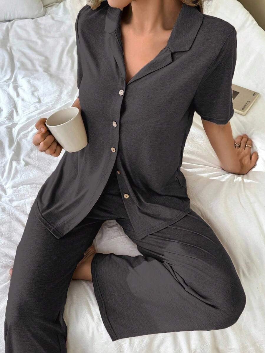 SHEIN طقم بيجامة رمادي ناعم غامق
