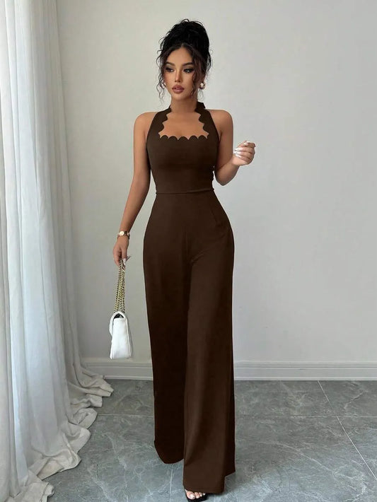 SHEIN Selianne جمبسوت بني أنيق برقبة هولتر وأطراف مموجة من