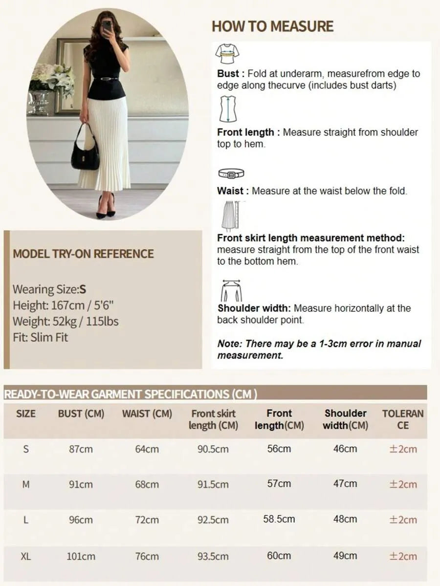 SHEIN طقم نسائي أنيق قطعتين (تيشيرت أسود بياقة مرتفعة + تنورة مكسرة باللون الأبيض) مع حزام