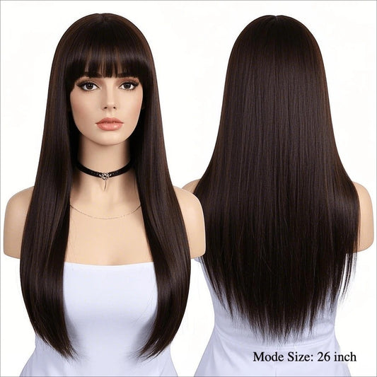 SHEIN باروكة شعر مستقيم بني داكن غرة أمامية ولمسة طبيعية