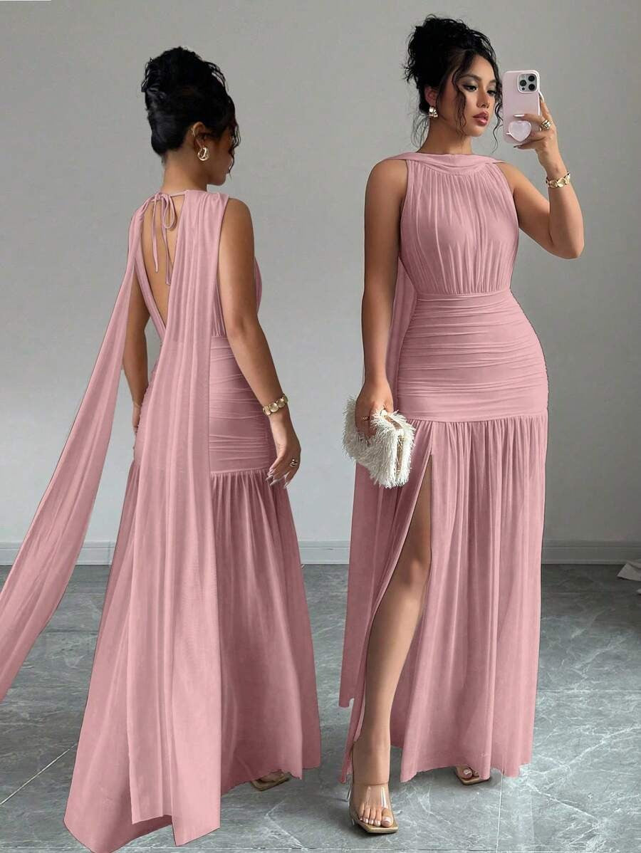 SHEIN Elenzga فستان وردي بظهر مفتوح بشق وطيات