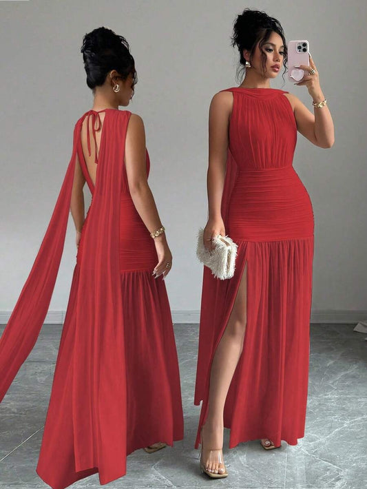 SHEIN Elenzga فستان احمر بدون أكمام بظهر مفتوح