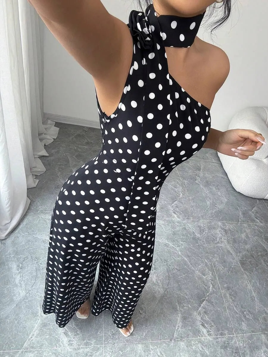 SHEIN جمبسوت منقط بياقة غير متماثلة وردة بارزة