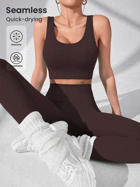 SHEIN طقم رياضي نسائي من قطعتين بلون قهوة بني