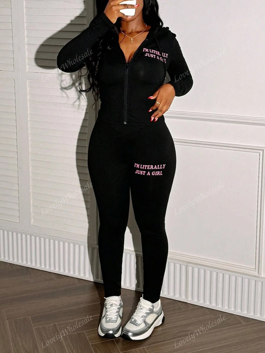 SHEIN طقم رياضي نسائي كاجوال أسود جاكيت بسحاب وبنطلون