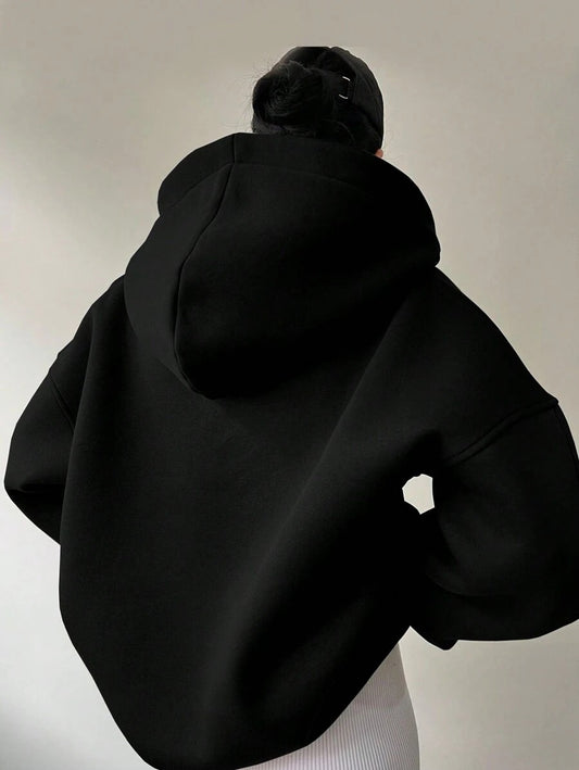 SHEIN INAWLY هودي أسود كاجوال بتطريز بأكمام طويلة