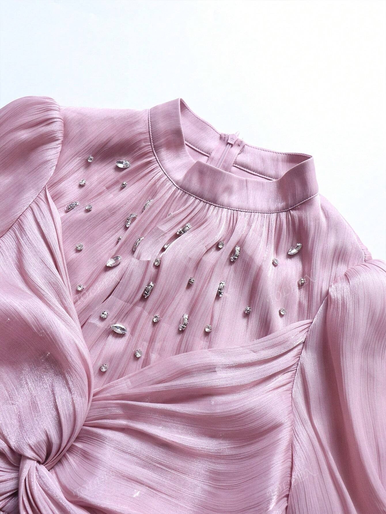 SHEIN TOLEEN فستان وردي مغبر طويل بستايل أنيق وأكمام فانوس مزينة بالراين
