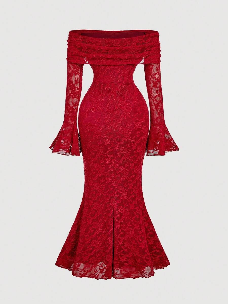 SHEIN MOD فستان احمر ضيق بأكمام طويلة مكشوف الكتف