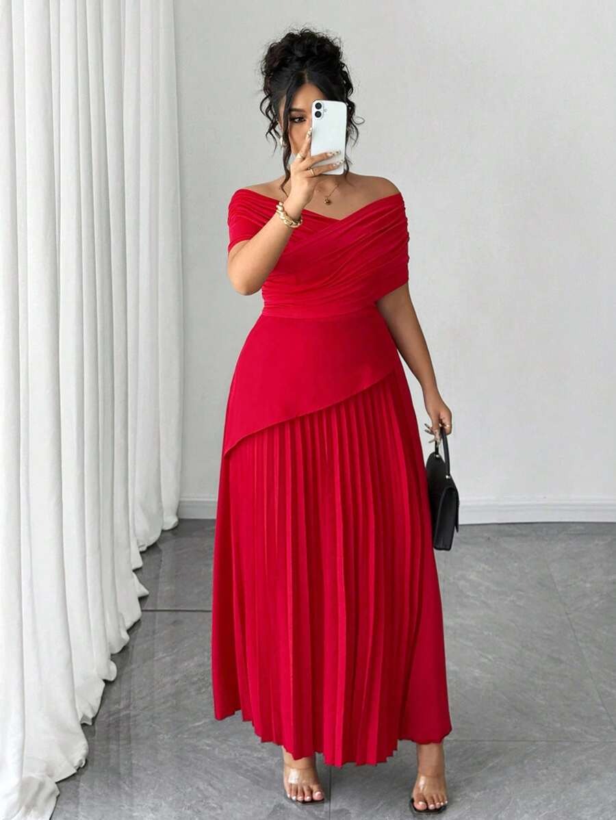 SHEIN Elenzga فستان احمر طويل بخامة خفيفة ومريحة مع إسدال الكتف