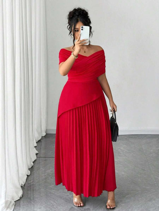 SHEIN Elenzga فستان احمر طويل بخامة خفيفة ومريحة مع إسدال الكتف