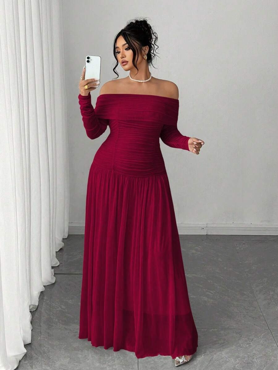 SHEIN Elenzga فستان ناعم طويل الأكمام بدون أكتاف مكشوف الظهر