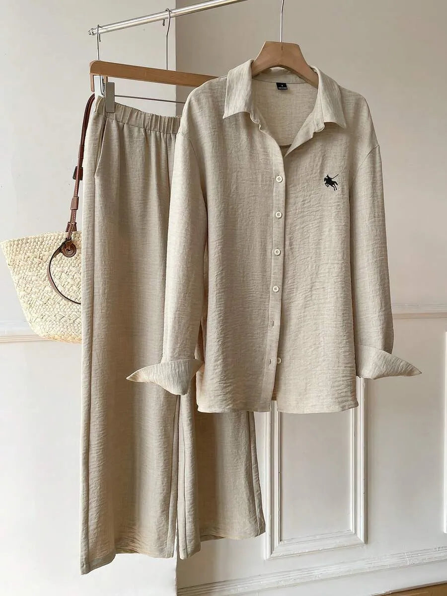 SHEIN EZwear بدلة كاجوال للنساء تتكون من قميص طويل الأكمام مطرز منسوج و بنطلون
