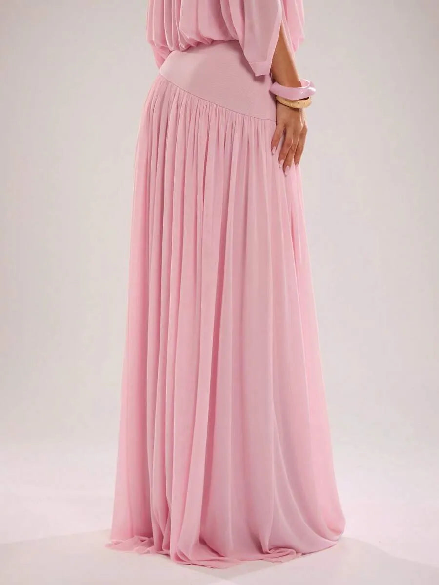 SHEIN BAE تنورة ماكسي وردية بتصميم مجمع وانسيابي للربيع والصيف
