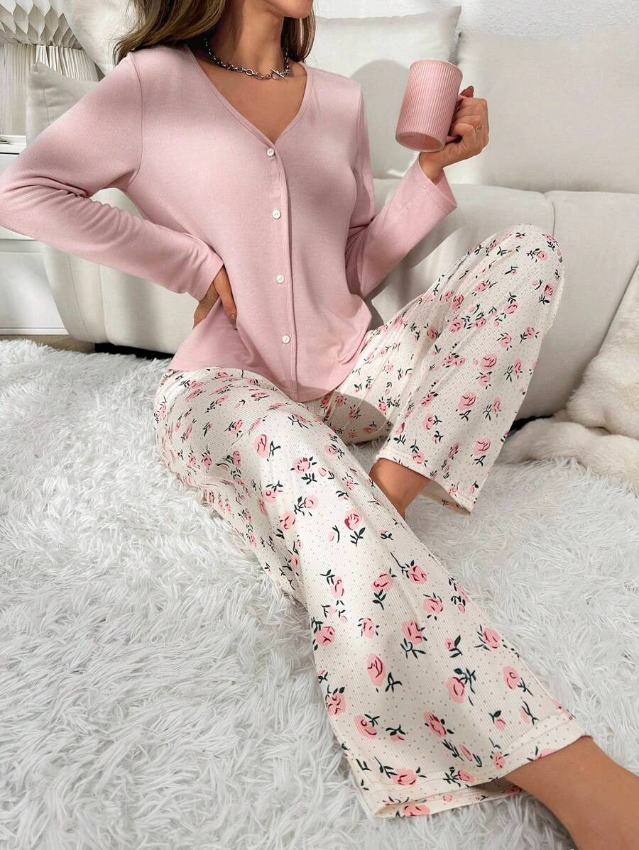 SHEIN  CottageSlumber بيجامة  زهرية ناعمة بلون وردي