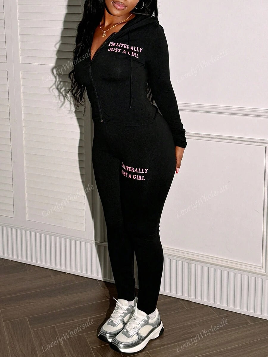 SHEIN طقم رياضي نسائي كاجوال أسود جاكيت بسحاب وبنطلون