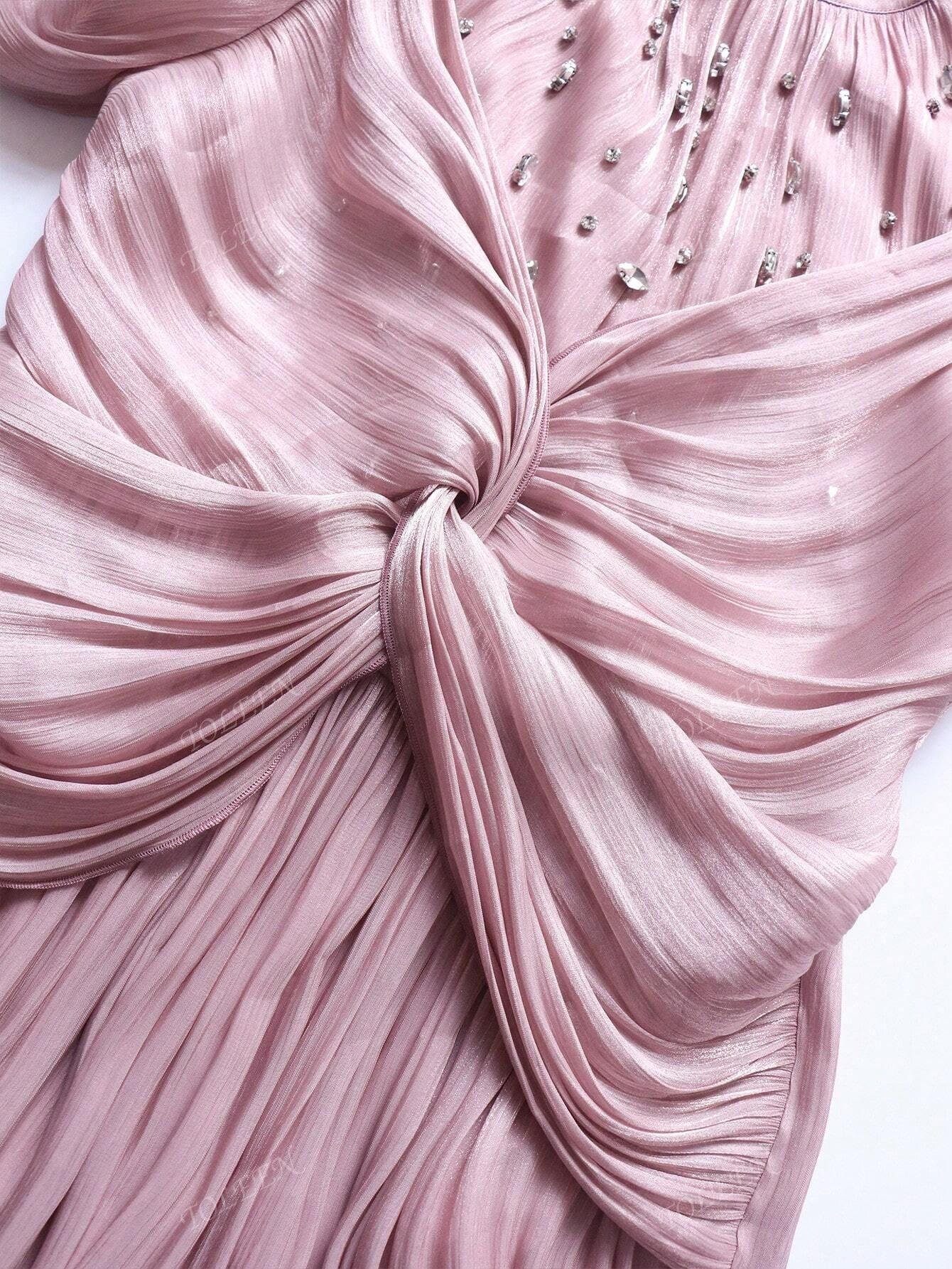 SHEIN TOLEEN فستان وردي مغبر طويل بستايل أنيق وأكمام فانوس مزينة بالراين