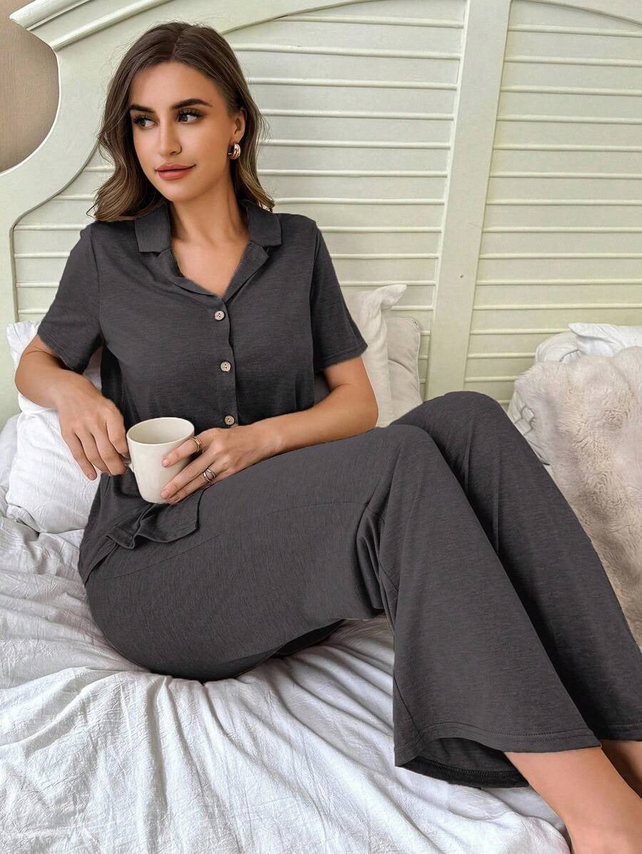 SHEIN طقم بيجامة رمادي ناعم غامق