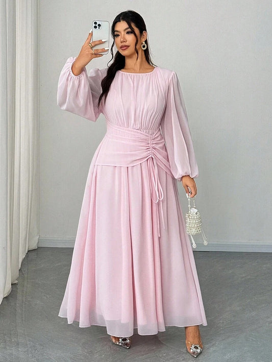 SHEIN Elenzga فستان طويل من الشيفون بأكمام واسعة وياقة دائرية بلون وردي