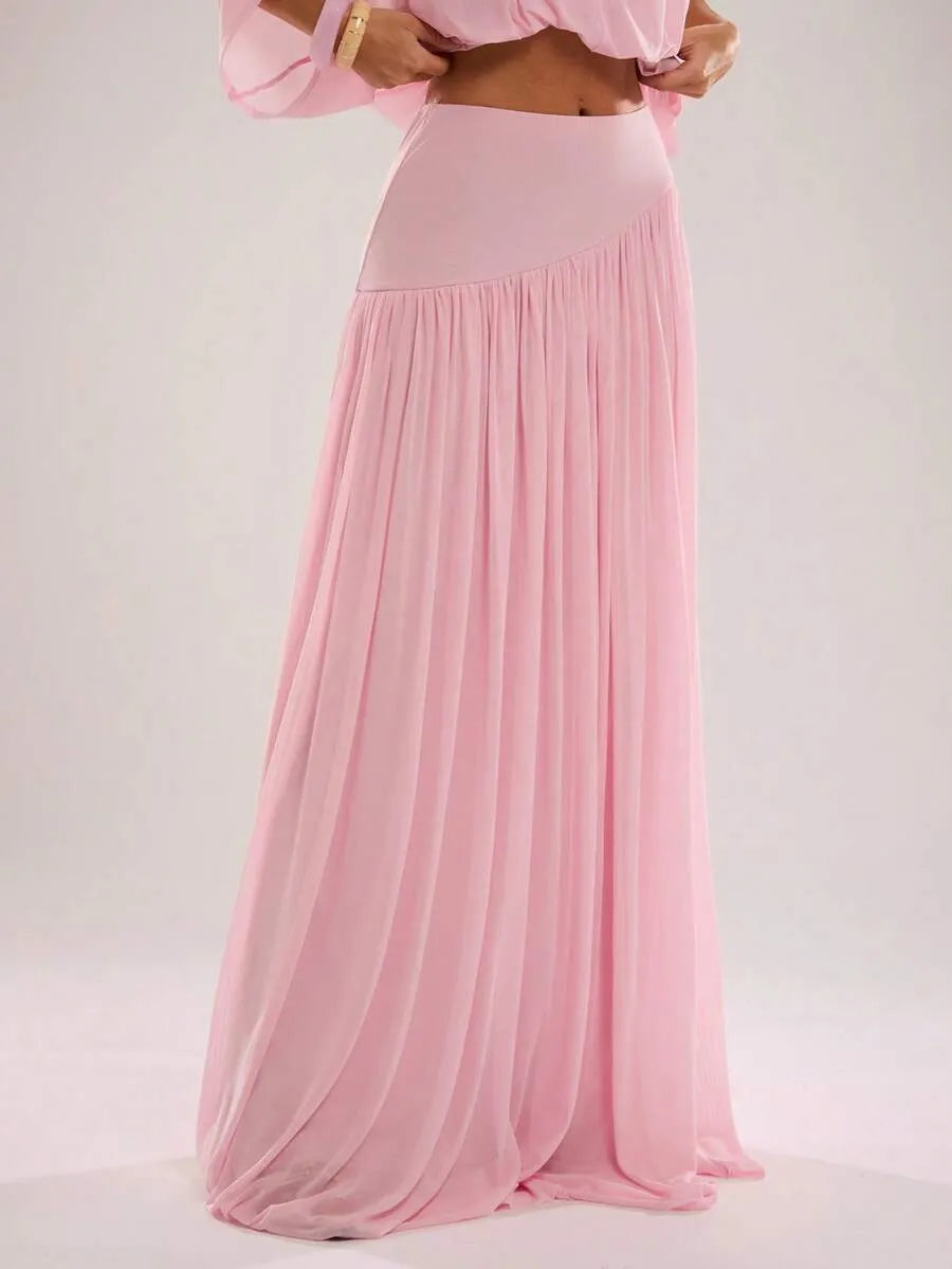 SHEIN BAE تنورة ماكسي وردية بتصميم مجمع وانسيابي للربيع والصيف