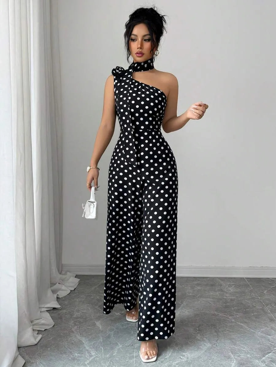 SHEIN جمبسوت منقط بياقة غير متماثلة وردة بارزة