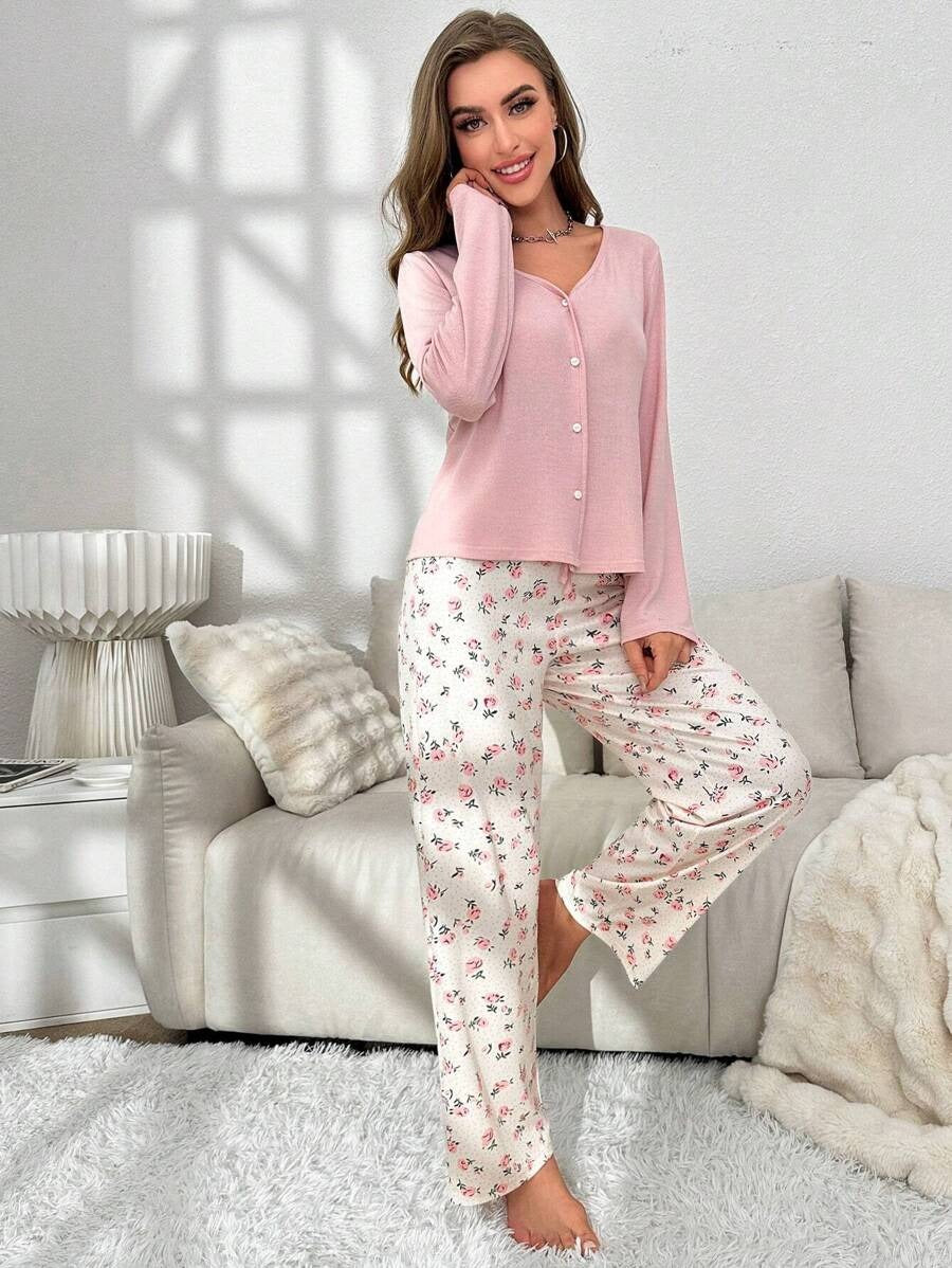 SHEIN  CottageSlumber بيجامة  زهرية ناعمة بلون وردي