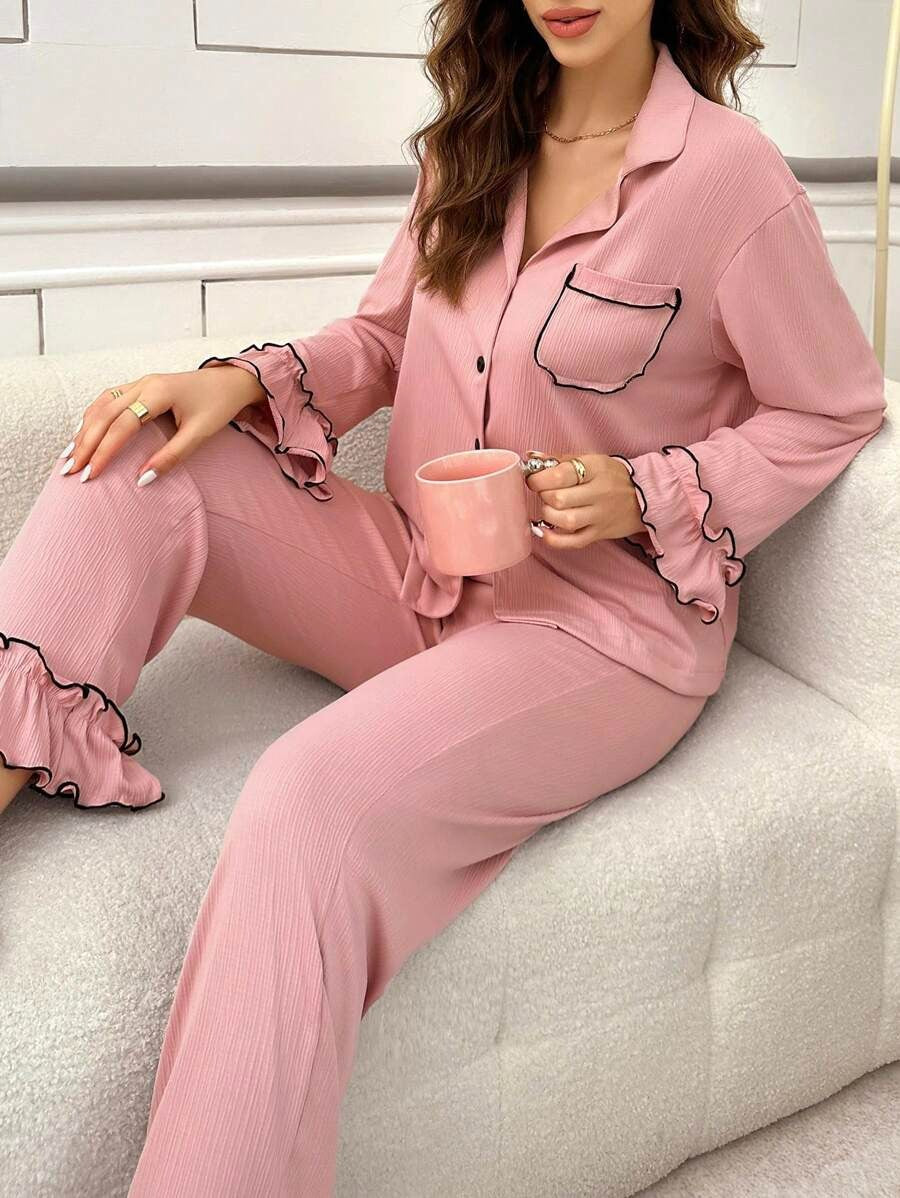 SHEIN بيجامة نسائية من قطعتين بلون وردي