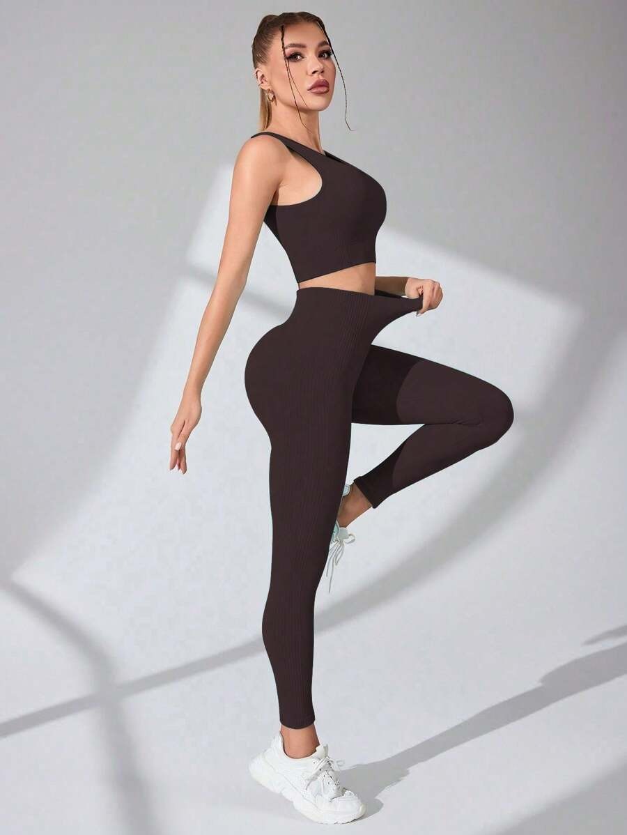 SHEIN طقم رياضي نسائي من قطعتين بلون قهوة بني