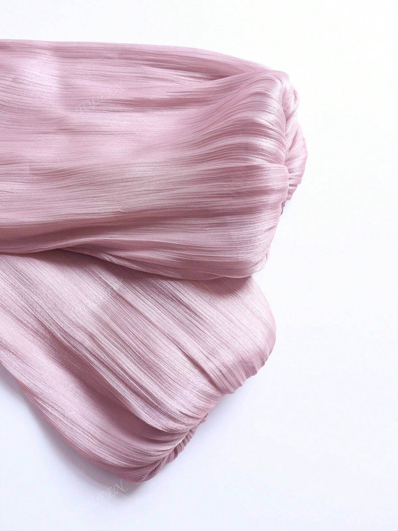 SHEIN TOLEEN فستان وردي مغبر طويل بستايل أنيق وأكمام فانوس مزينة بالراين