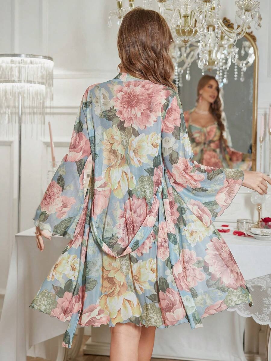 SHEIN Slumberist طقم قميص وإزار بطبعة زهرية ودانتيل