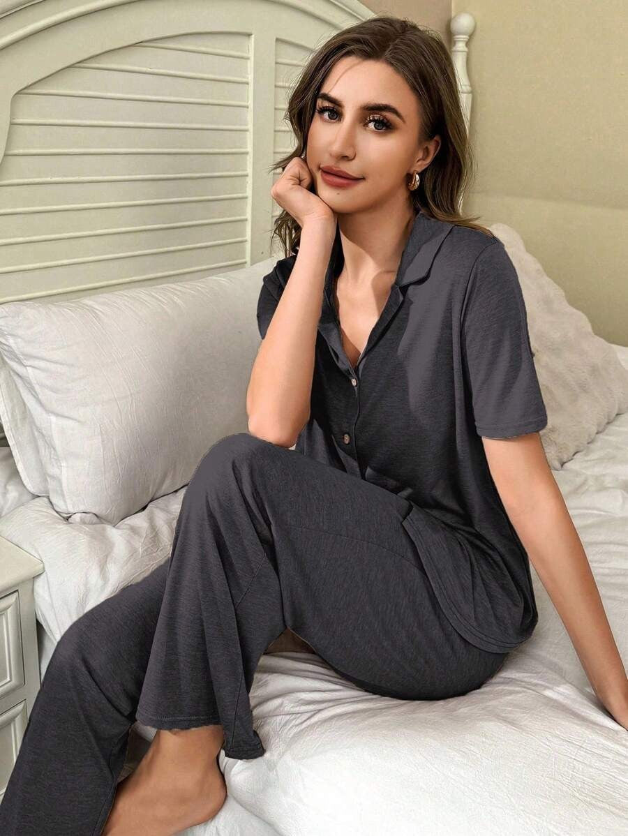 SHEIN طقم بيجامة رمادي ناعم غامق