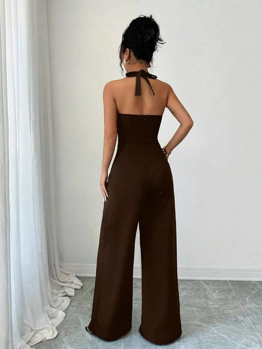 SHEIN Selianne جمبسوت بني أنيق برقبة هولتر وأطراف مموجة من