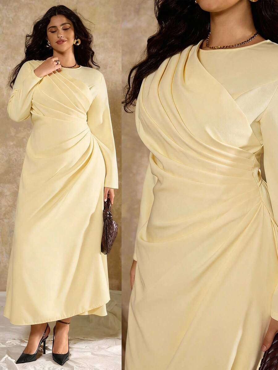 SHEIN Roveilla فستان طويل بخامة منسوجة ناعمة بلون أصفر فاتح