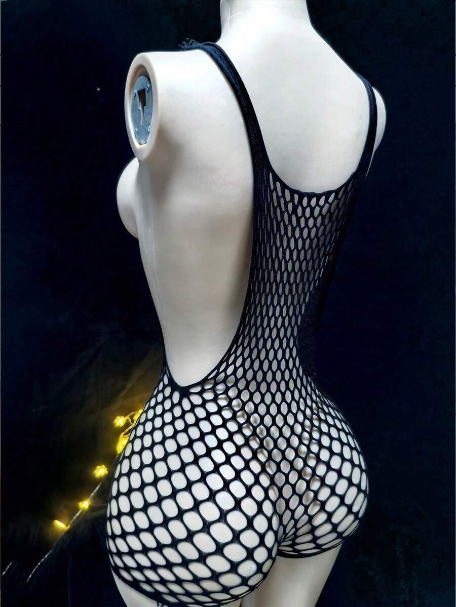 SHEIN جمبسوت لانجيري من قماش شبكي متمدد بلون أسود