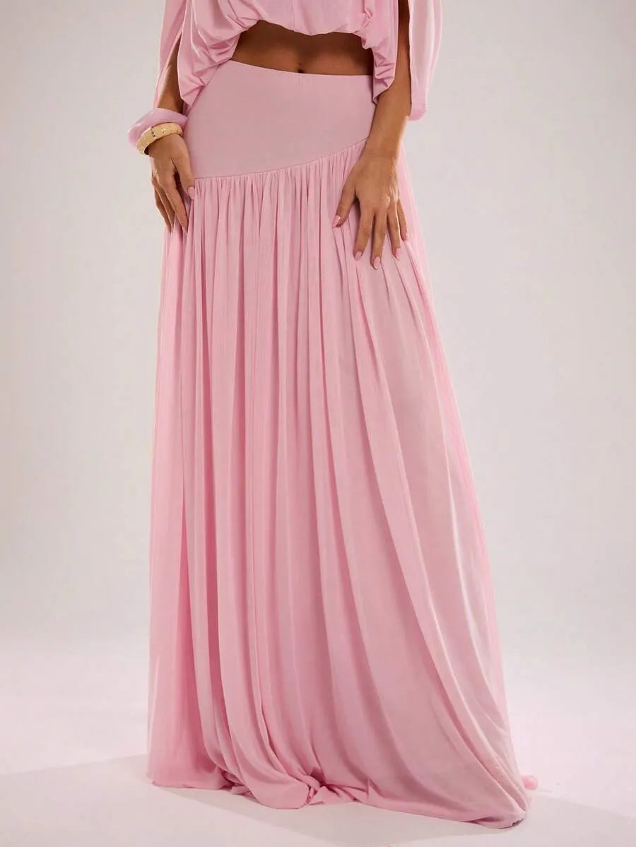 SHEIN BAE تنورة ماكسي وردية بتصميم مجمع وانسيابي للربيع والصيف