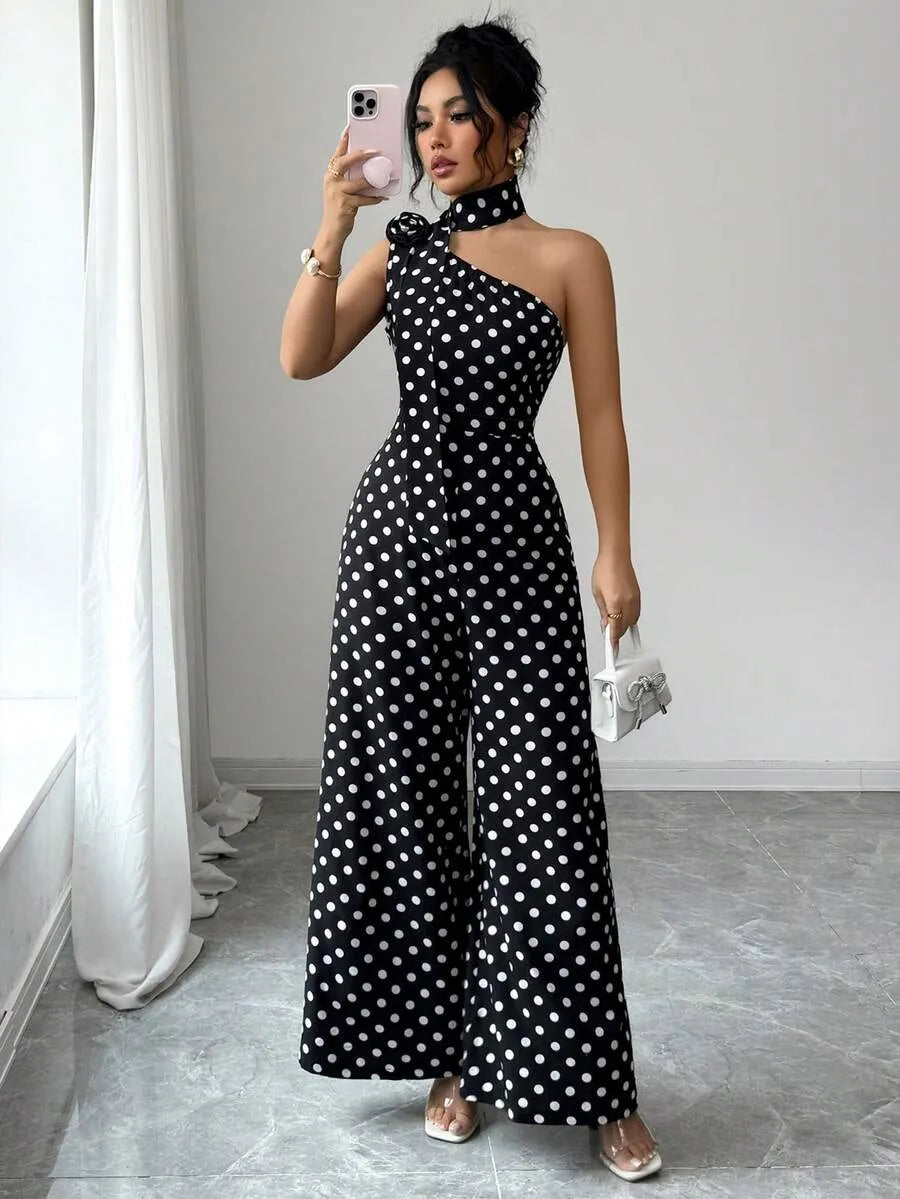 SHEIN جمبسوت منقط بياقة غير متماثلة وردة بارزة