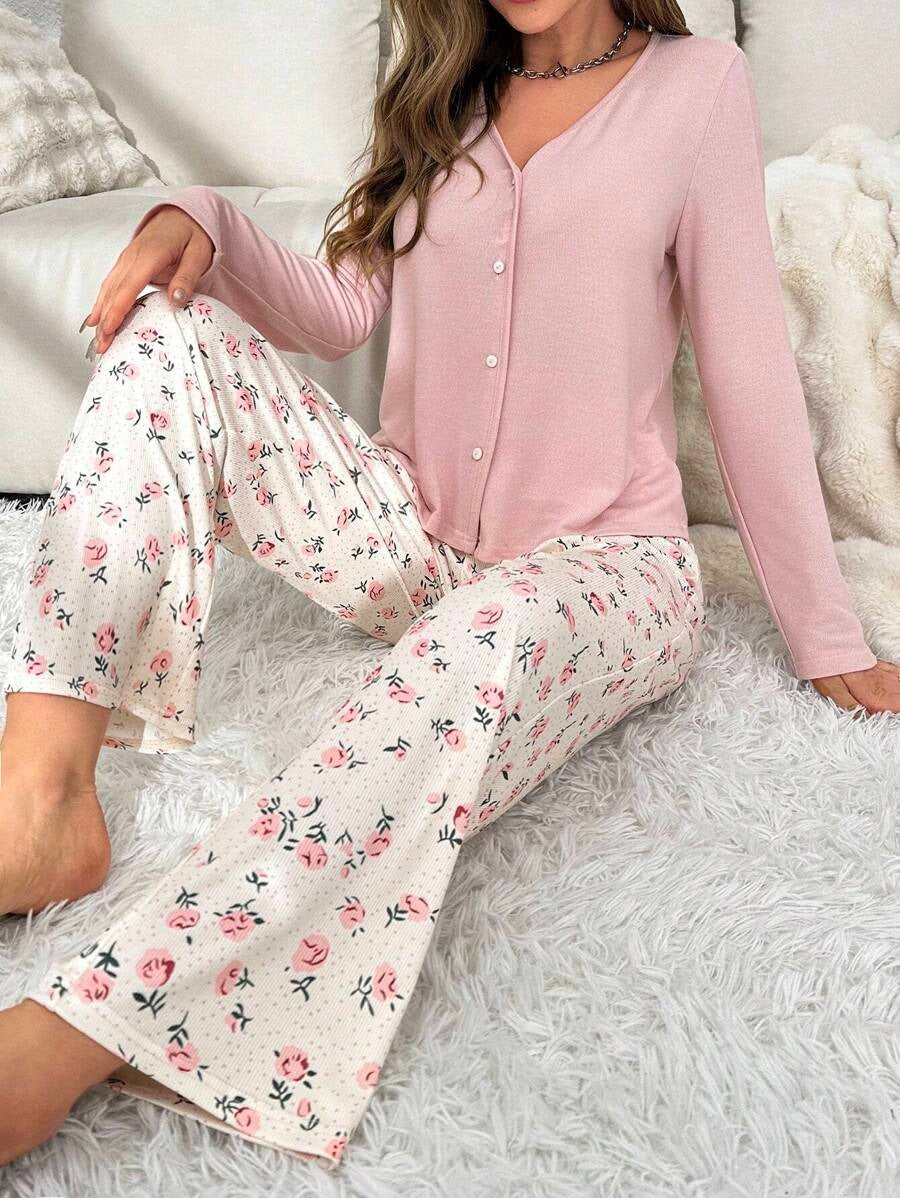 SHEIN  CottageSlumber بيجامة  زهرية ناعمة بلون وردي
