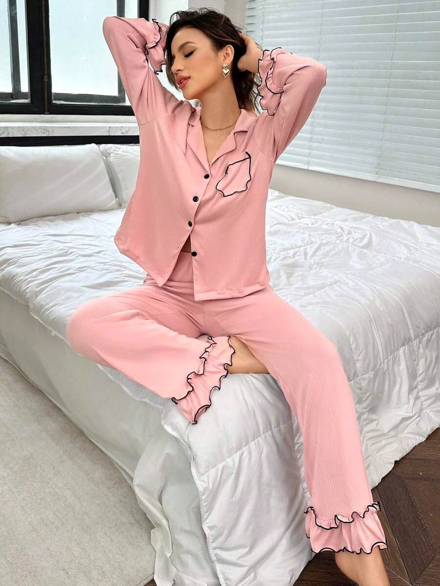 SHEIN بيجامة نسائية من قطعتين بلون وردي