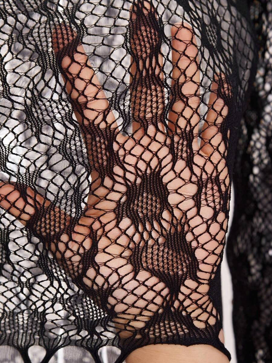 SHEIN جمبسوت بلون أسود دانتيل شفاف