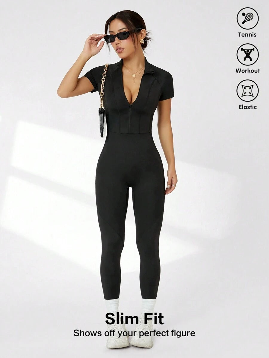 SHEIN جمبسوت قصير نسائي بأكمام قصيرة لون أسود
