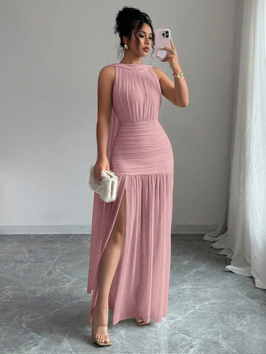 SHEIN Elenzga فستان وردي بظهر مفتوح بشق وطيات