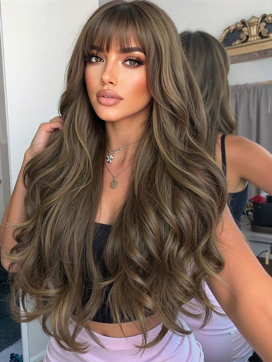 SHEIN باروكة شعر بني مجعد غرة أمامية ولمسة طبيعية ناعمة