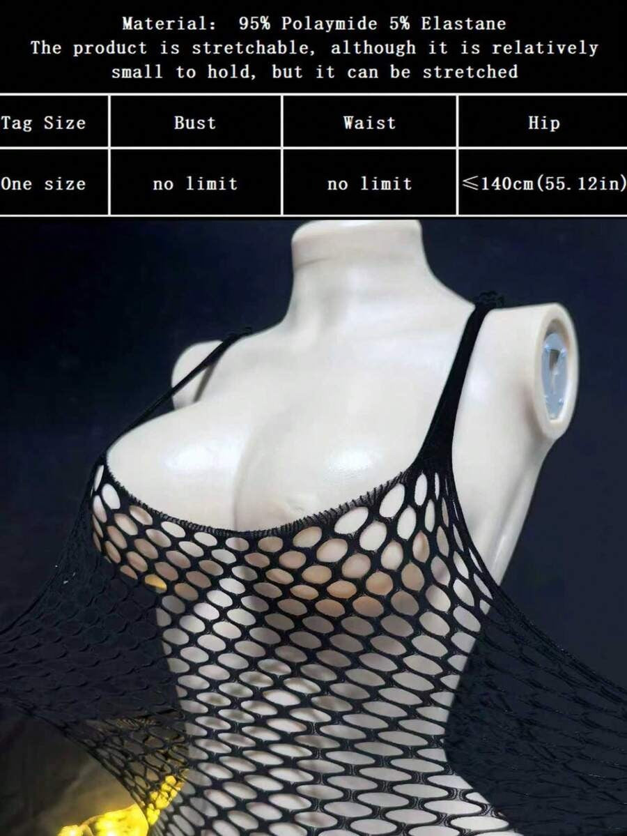 SHEIN جمبسوت لانجيري من قماش شبكي متمدد بلون أسود