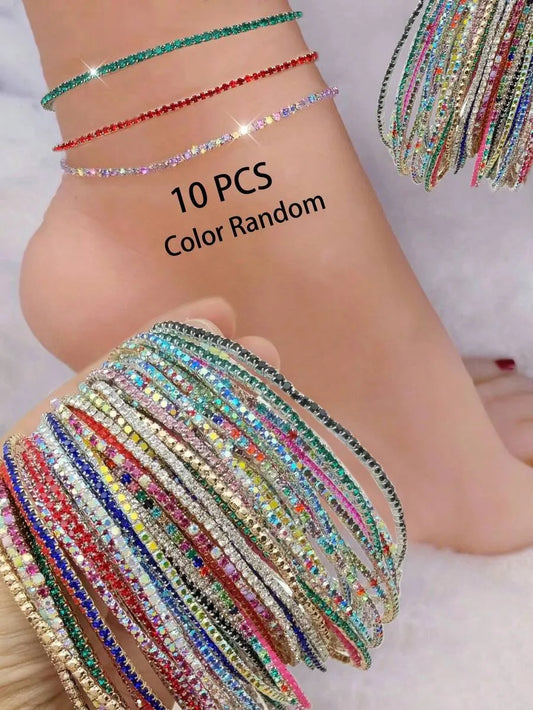 SHEIN أساور كاحل راين مرنة بيضاء وزرقاء 10 قطع