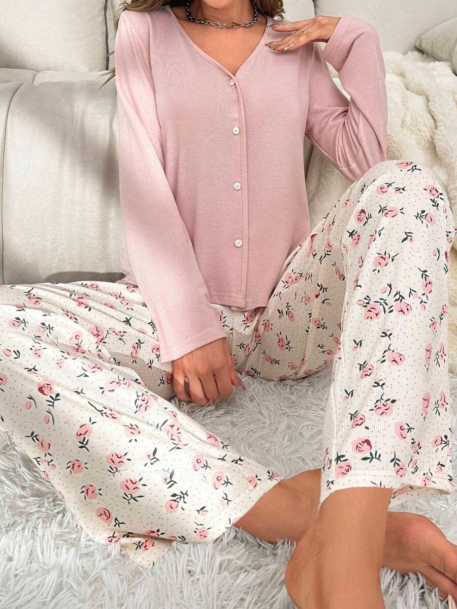 SHEIN  CottageSlumber بيجامة  زهرية ناعمة بلون وردي