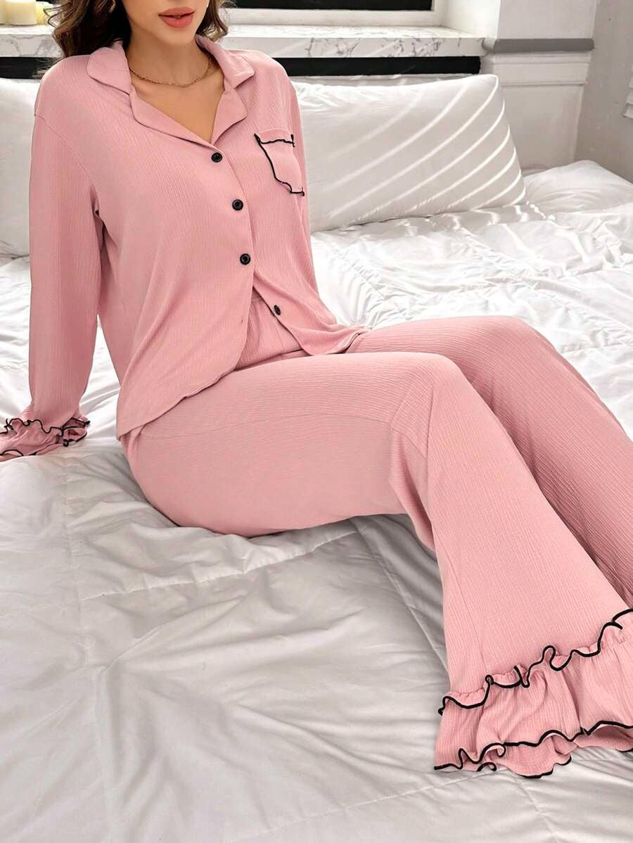 SHEIN بيجامة نسائية من قطعتين بلون وردي