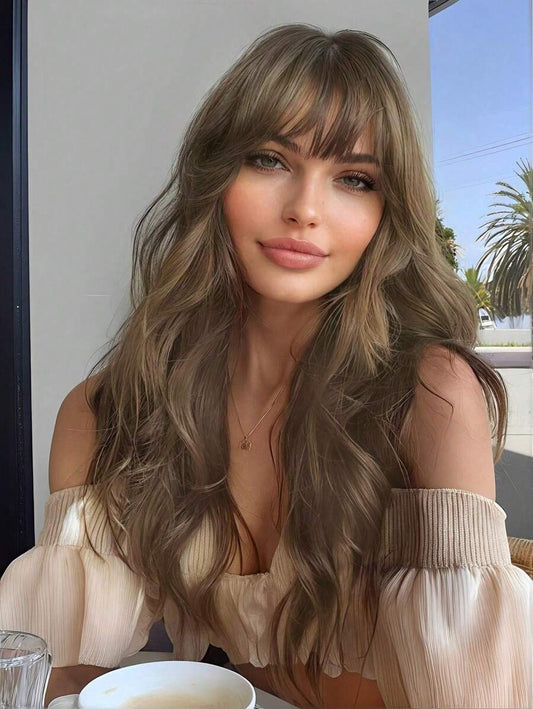 SHEIN باروكة شعر بني مجعد غرة أمامية ولمسة طبيعية ناعمة